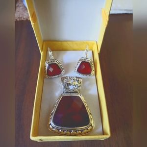 3 piece set Silvertone Red stone pendant/ earrings